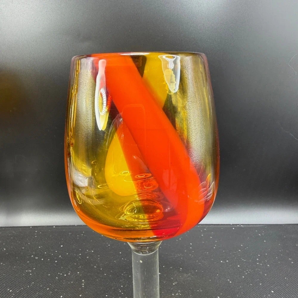 Pier 1 Hand Blown Art Glass Cups Glasses Set of 2 Amber Red Yellow Swirl Stripe